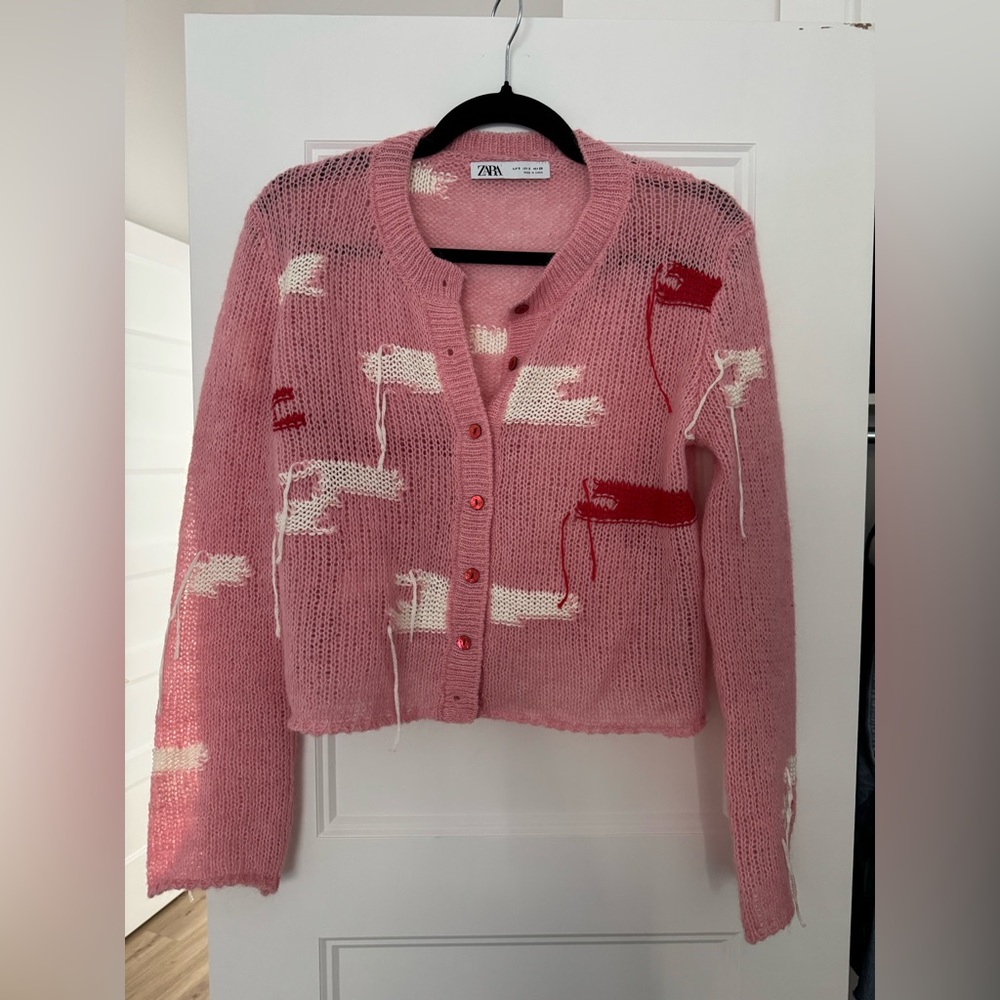 Zara Pink and Red Knit Cardigan - Picture 2 of 2